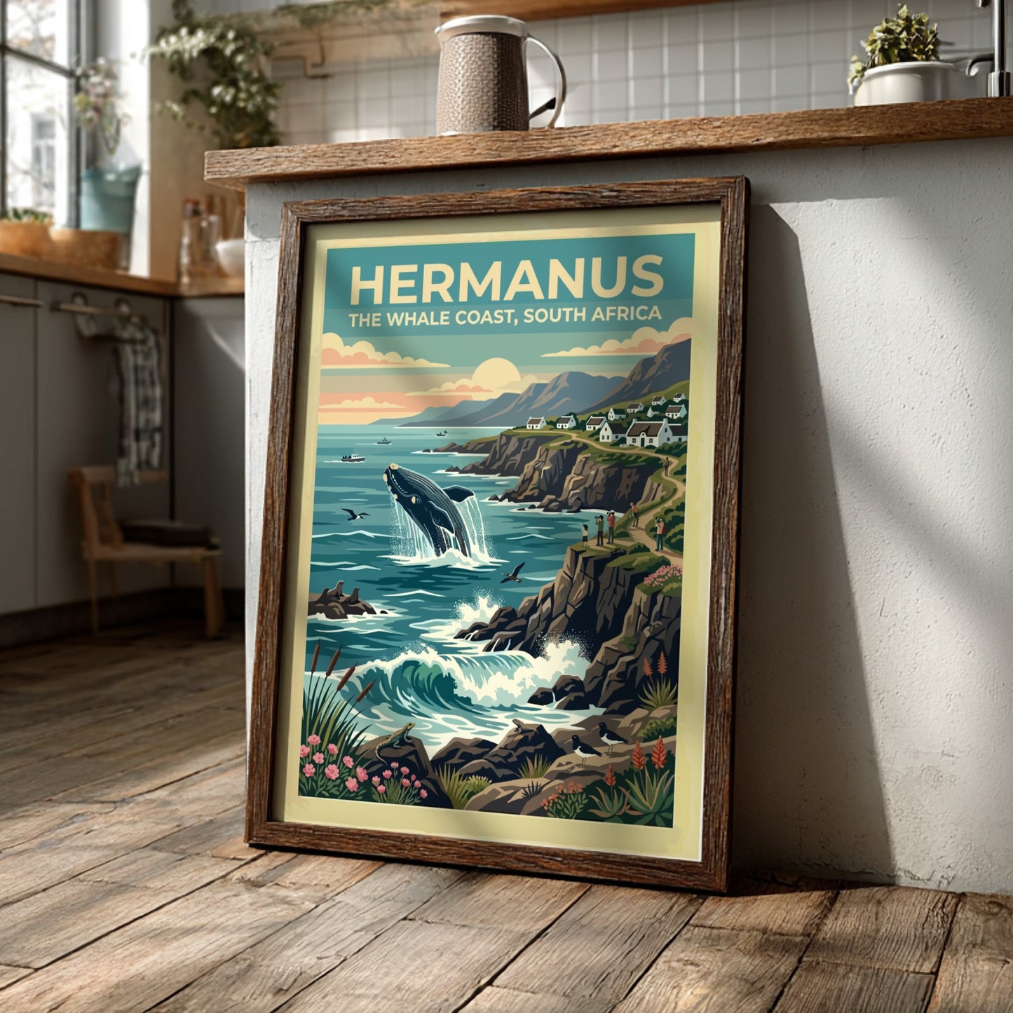 Travel poster of Hermanus, South Africa, featuring a breaching whale near coastal cliffs.