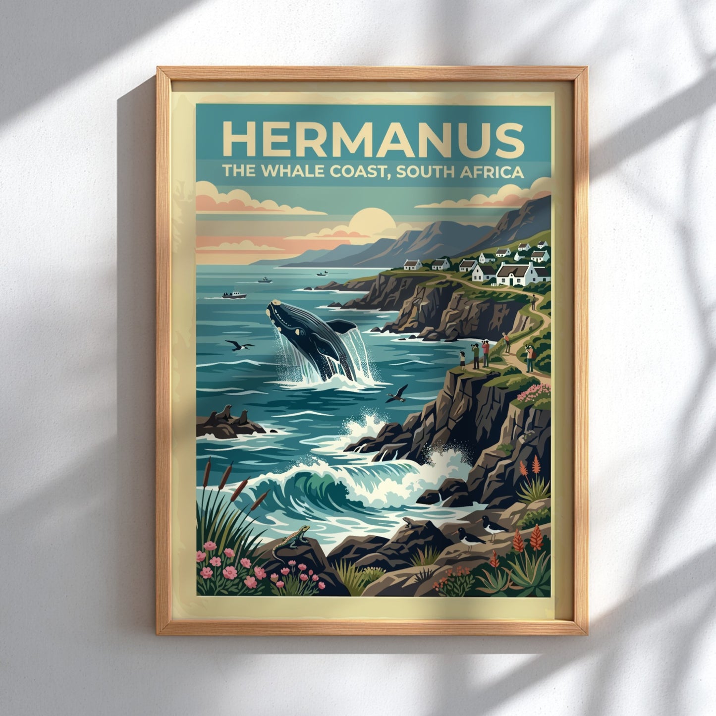 Travel poster of Hermanus, South Africa, featuring a breaching whale near coastal cliffs.