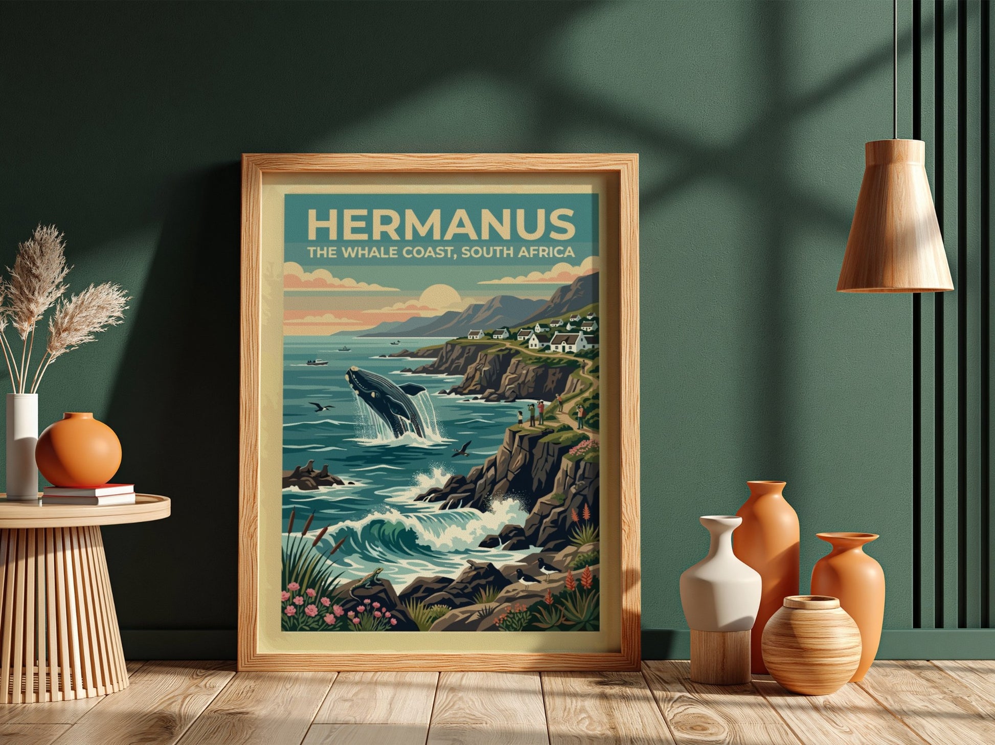 Travel poster of Hermanus, South Africa, featuring a breaching whale near coastal cliffs.