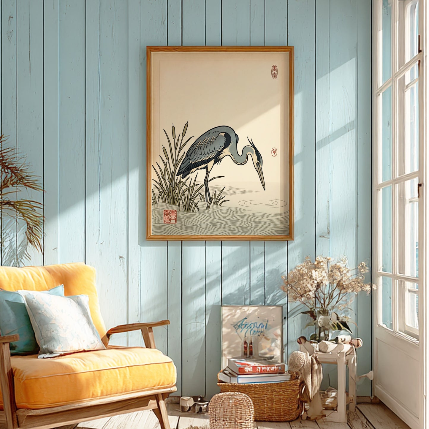 Japanese art style poster featuring a heron hunting in tranquil waters with soft blue and green tones