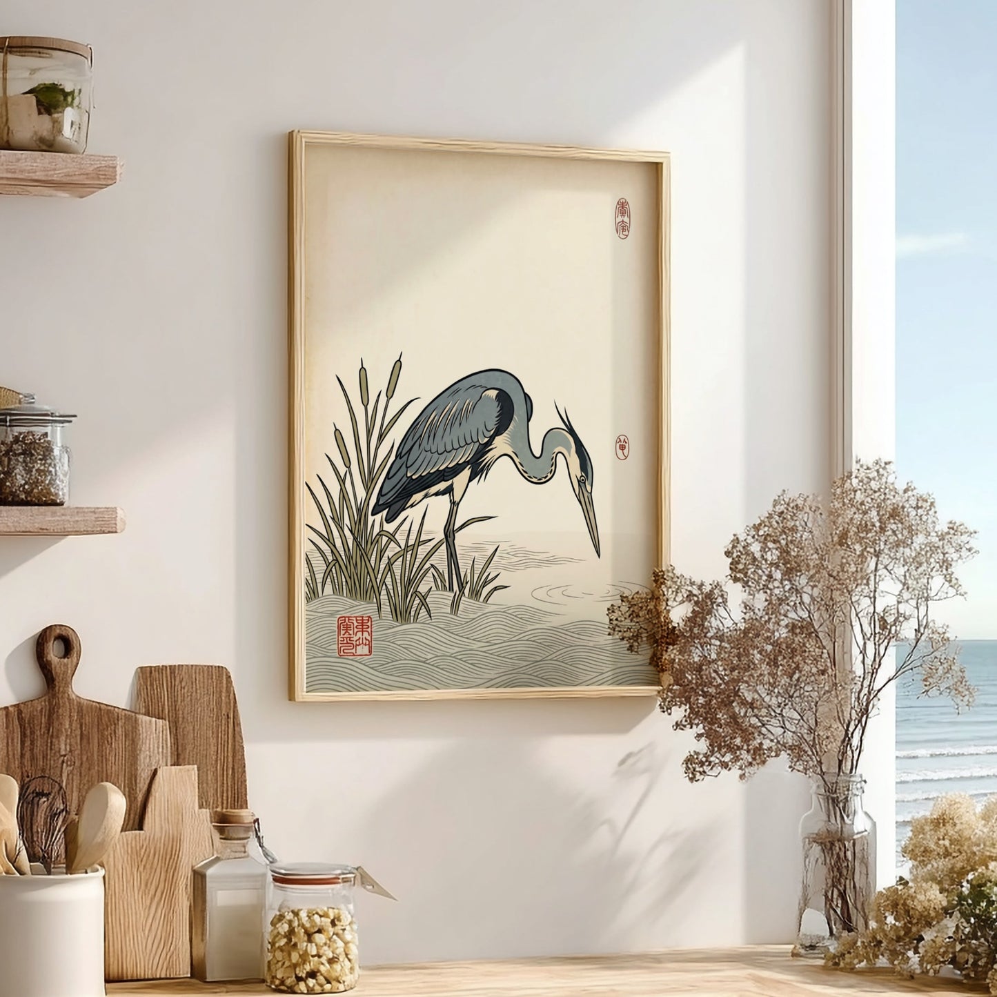 Japanese art style poster featuring a heron hunting in tranquil waters with soft blue and green tones