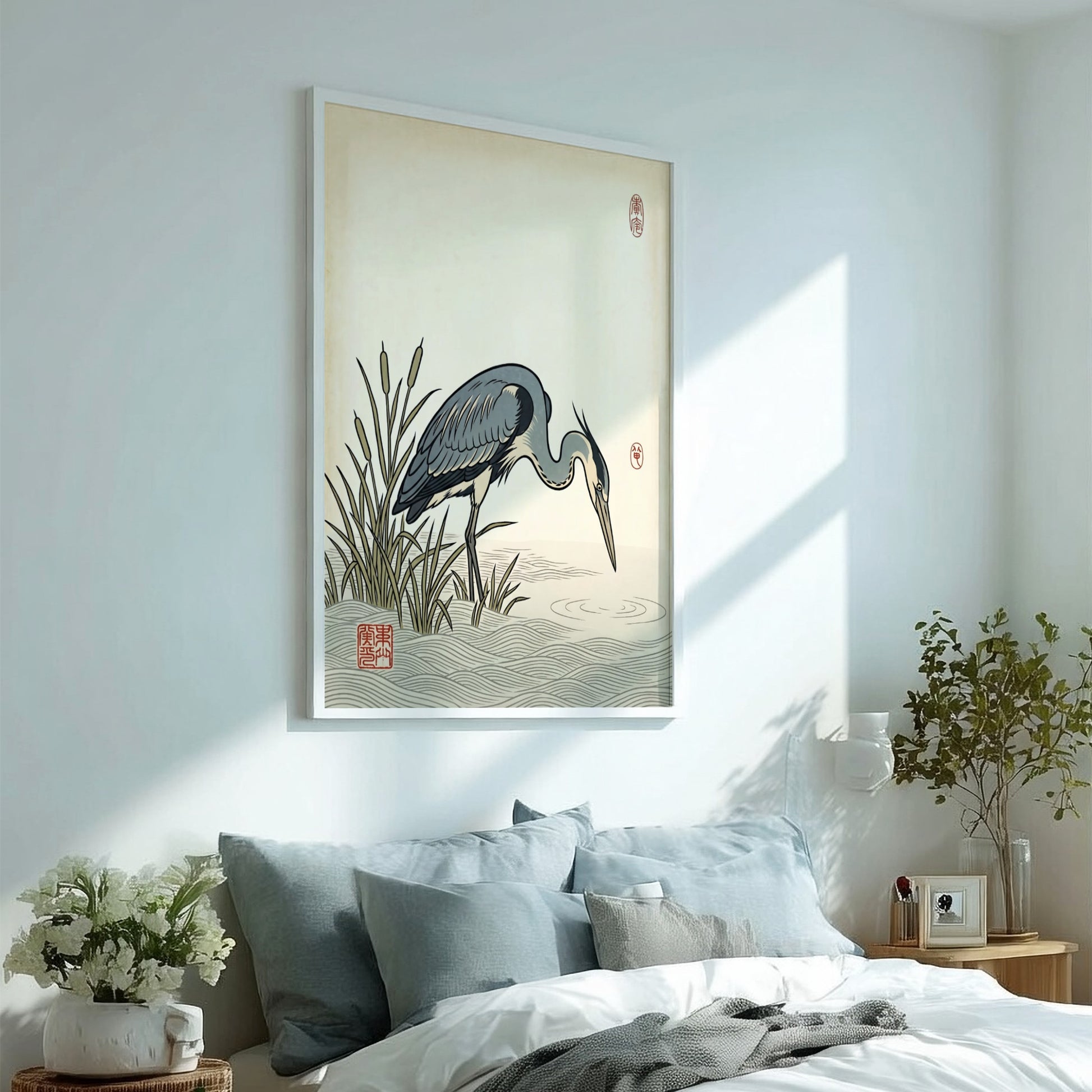 Japanese art style poster featuring a heron hunting in tranquil waters with soft blue and green tones