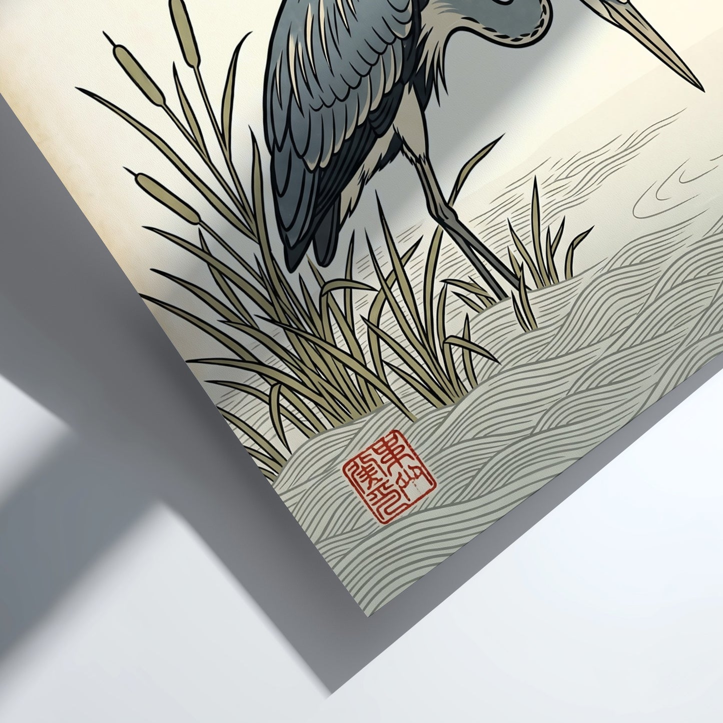 Japanese art style poster featuring a heron hunting in tranquil waters with soft blue and green tones