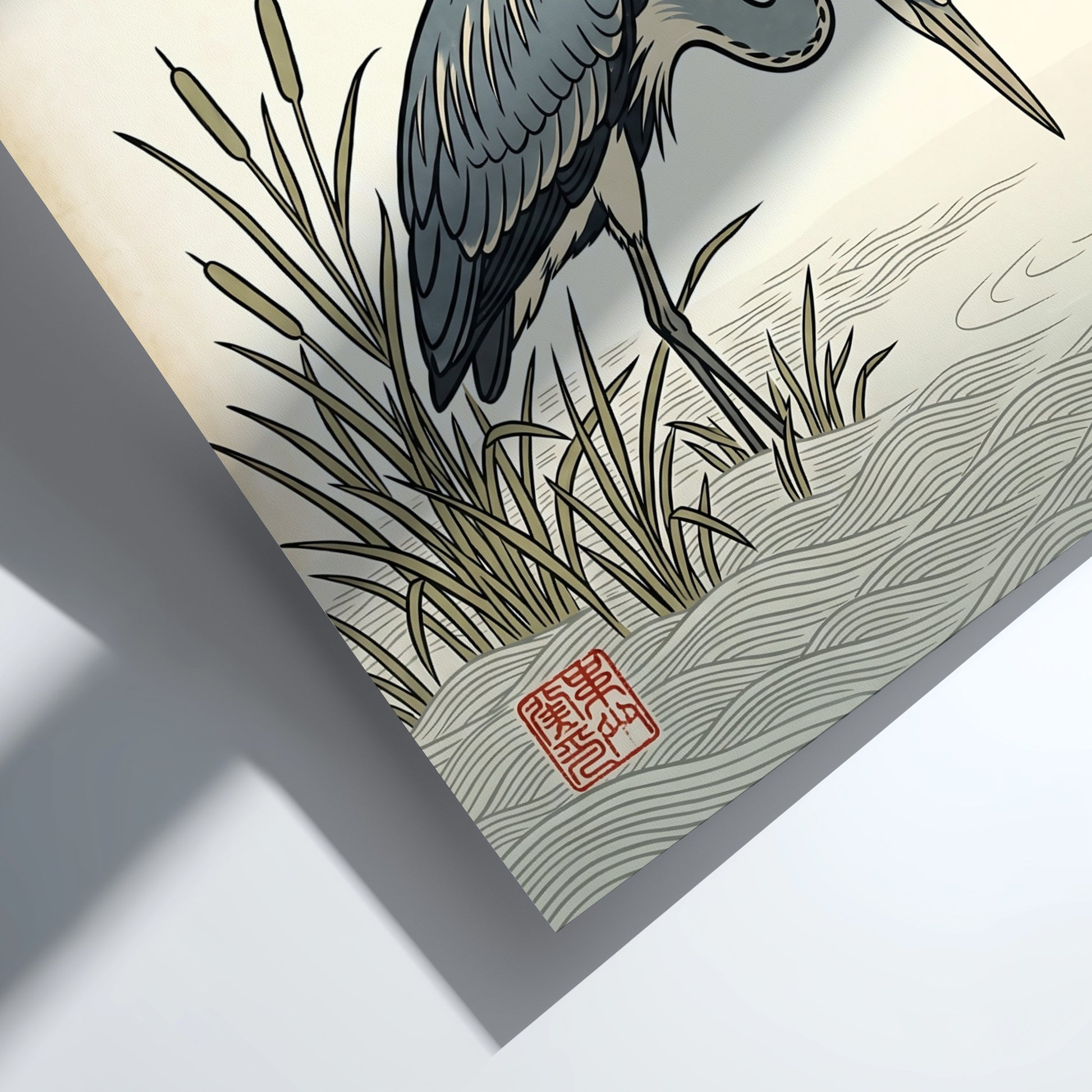 Japanese art style poster featuring a heron hunting in tranquil waters with soft blue and green tones