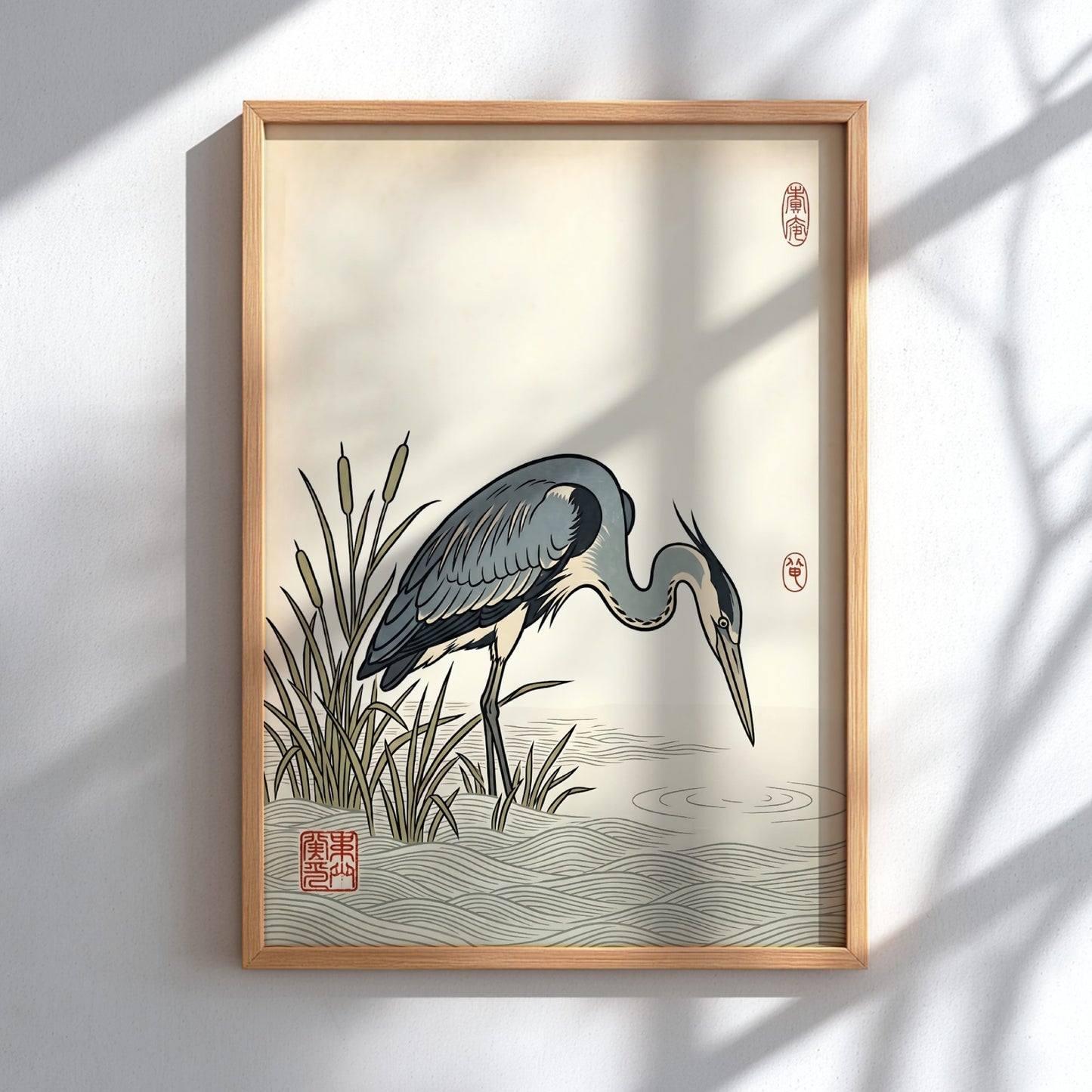 Japanese art style poster featuring a heron hunting in tranquil waters with soft blue and green tones
