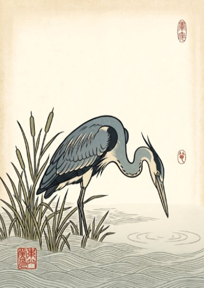 Japanese art style poster featuring a heron hunting in tranquil waters with soft blue and green tones