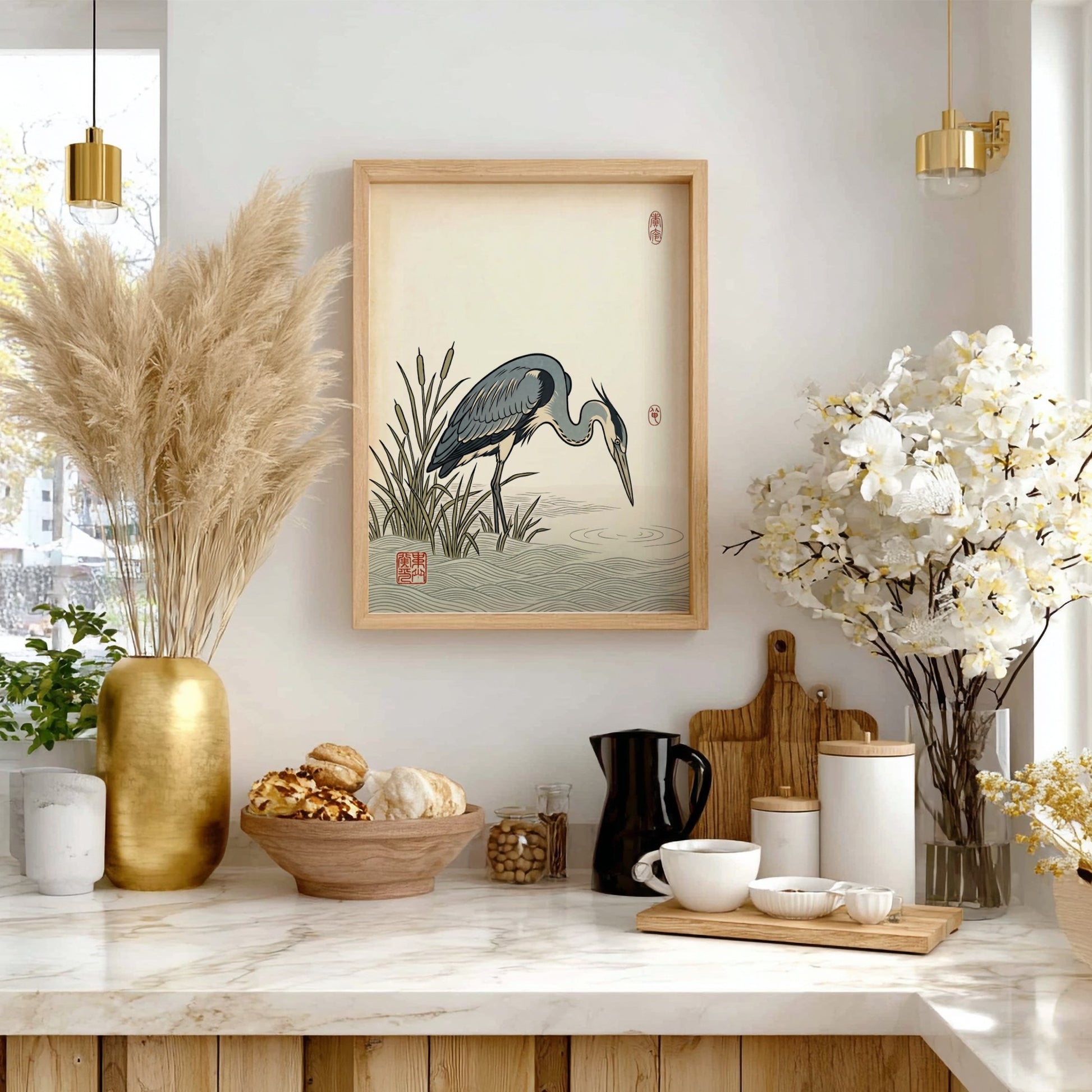 Japanese art style poster featuring a heron hunting in tranquil waters with soft blue and green tones