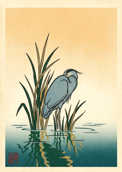 Japanese art style poster featuring a heron in reeds with soft colors