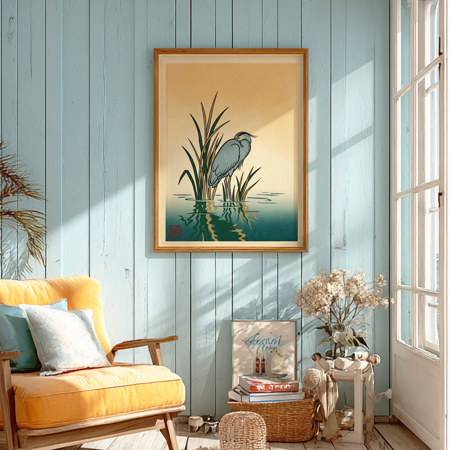 Japanese art style poster featuring a heron in reeds with soft colors