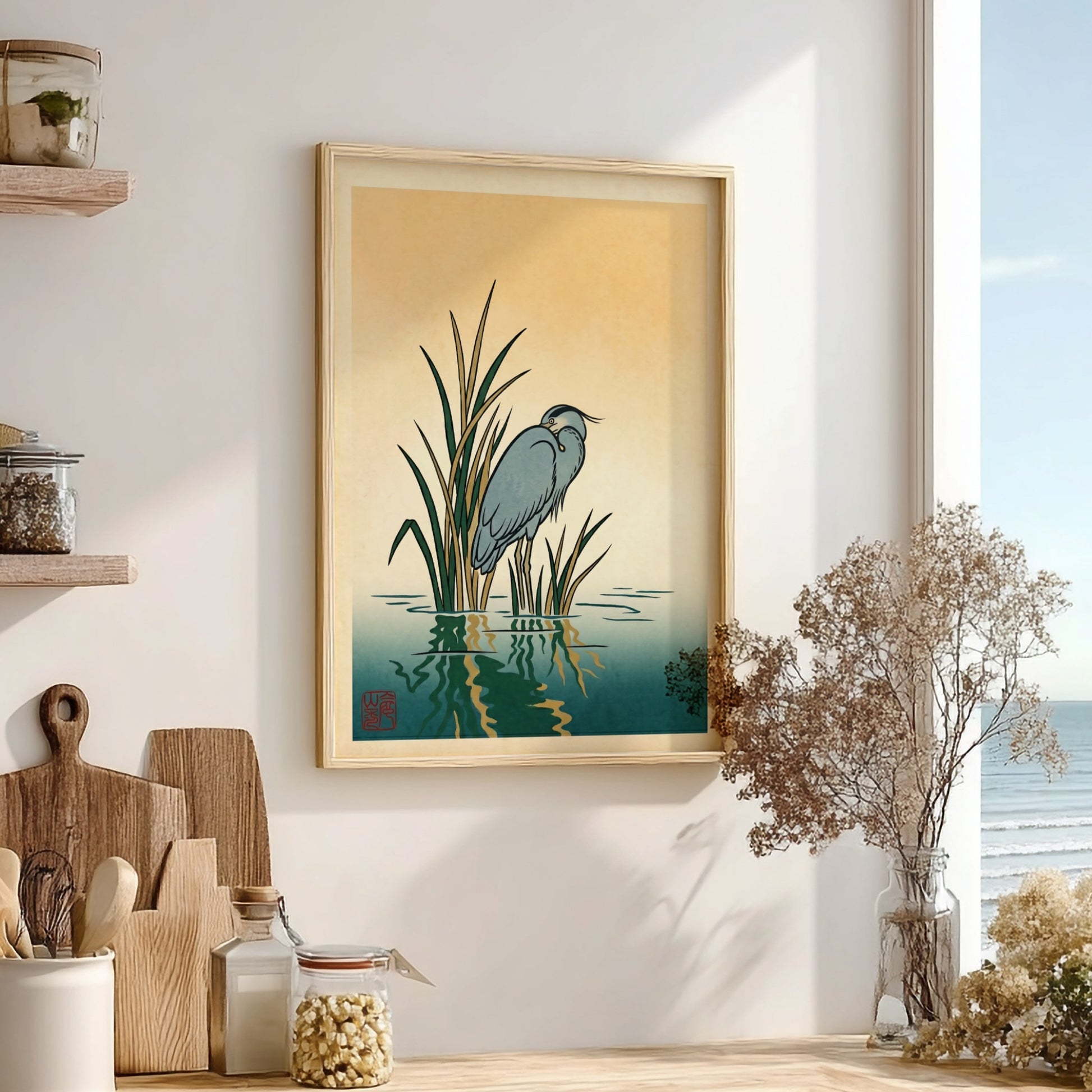 Japanese art style poster featuring a heron in reeds with soft colors