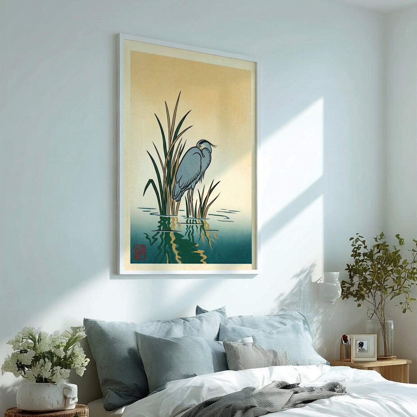 Japanese art style poster featuring a heron in reeds with soft colors