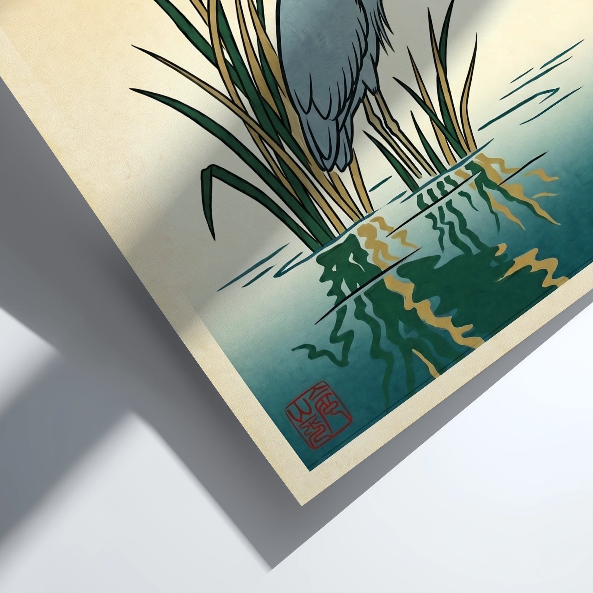 Japanese art style poster featuring a heron in reeds with soft colors