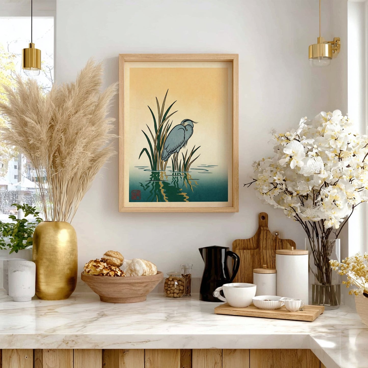 Japanese art style poster featuring a heron in reeds with soft colors