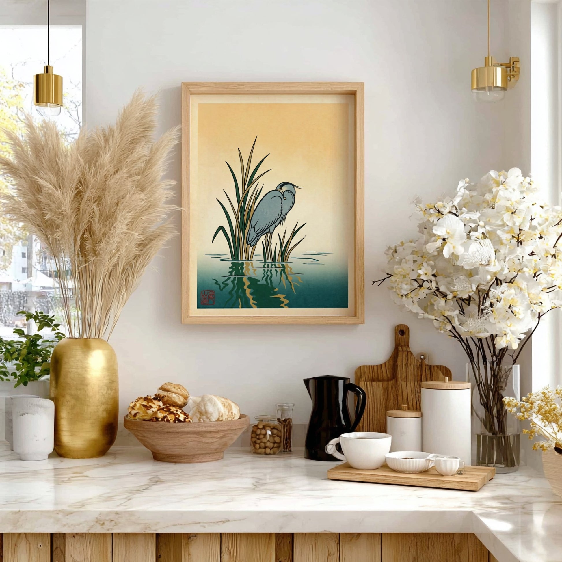 Japanese art style poster featuring a heron in reeds with soft colors