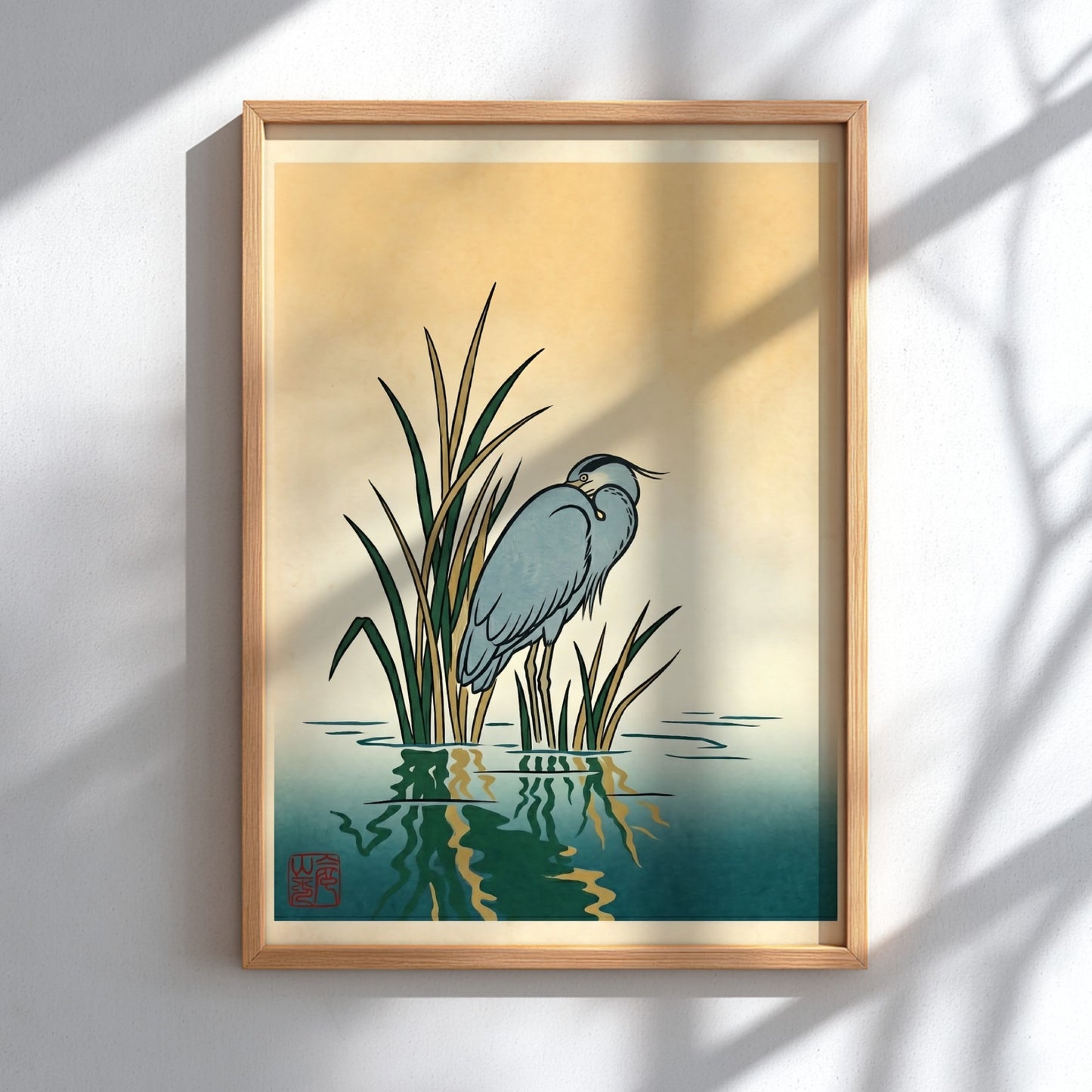 Japanese art style poster featuring a heron in reeds with soft colors