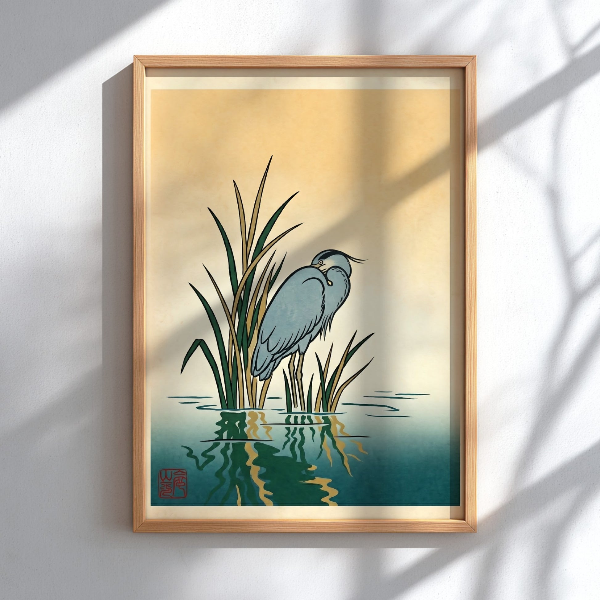 Japanese art style poster featuring a heron in reeds with soft colors