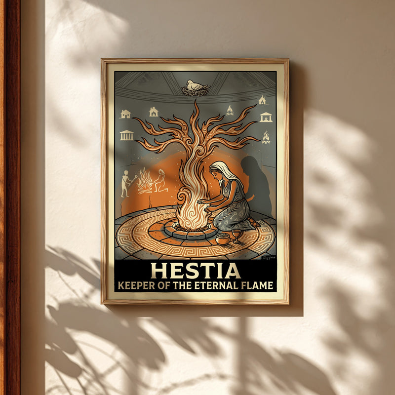 Hestia Greek mythology poster featuring the goddess tending to an eternal flame with symbolic elements of
