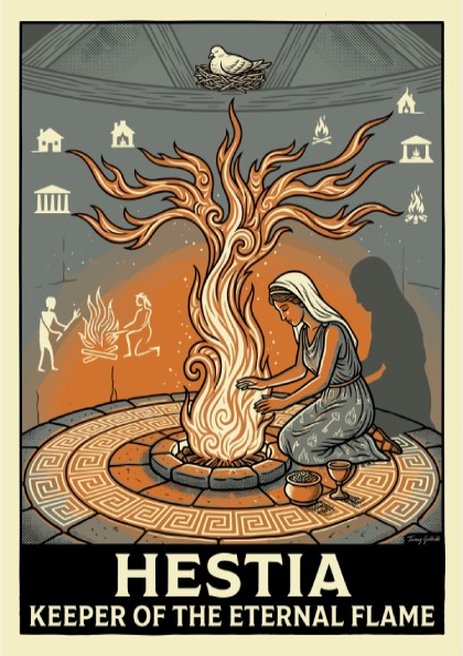 Hestia Greek mythology poster featuring the goddess tending to an eternal flame with symbolic elements of