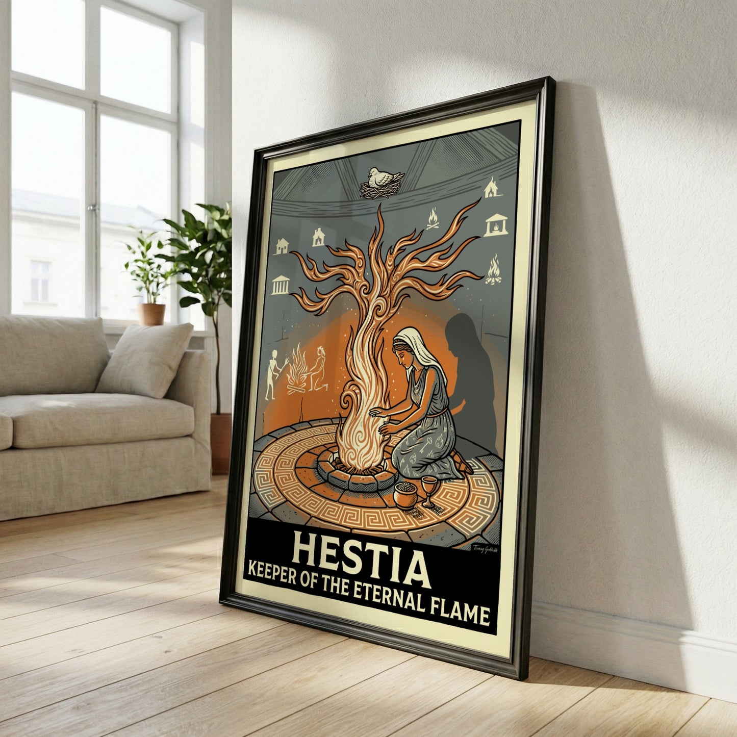 Hestia Greek mythology poster featuring the goddess tending to an eternal flame with symbolic elements of
