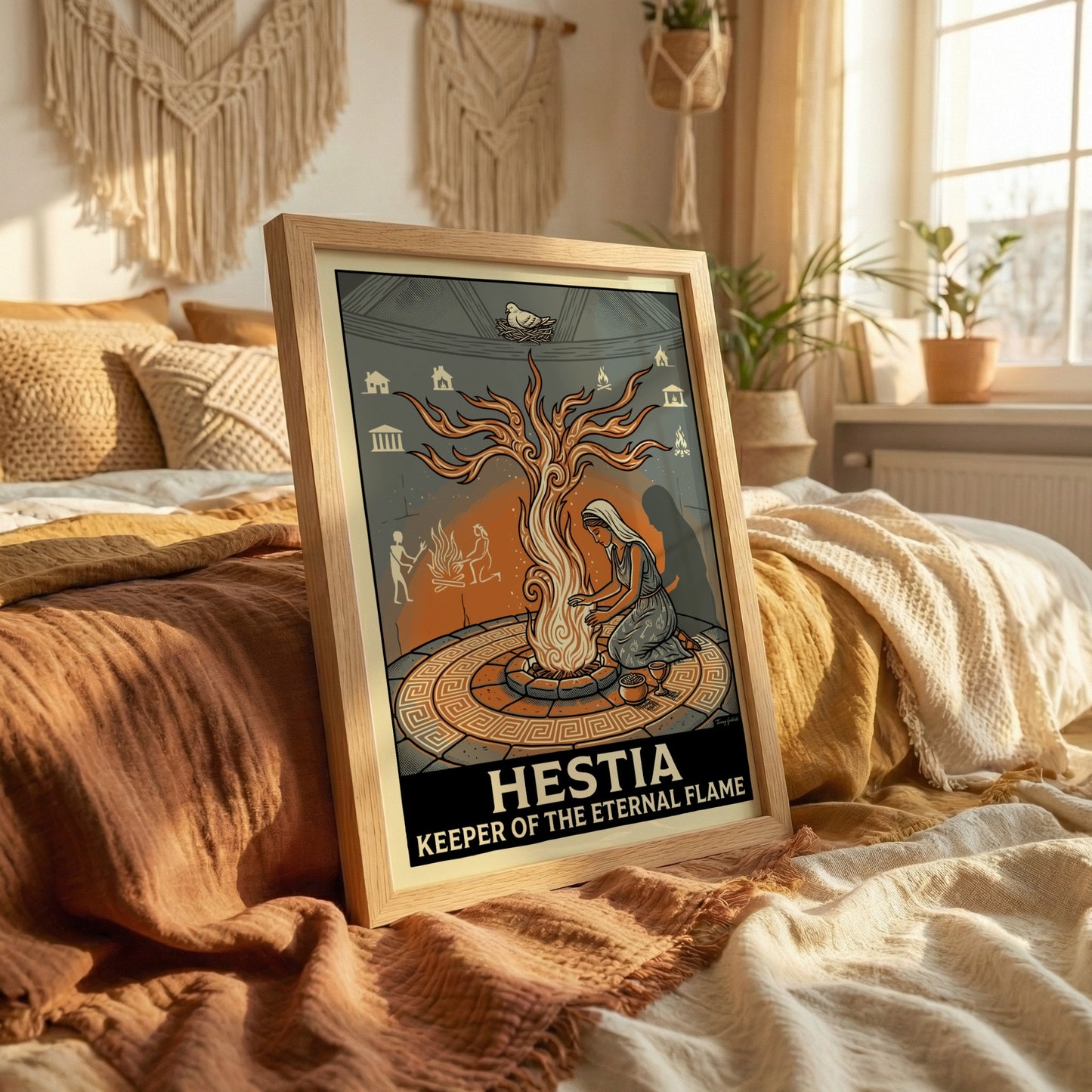 Hestia Greek mythology poster featuring the goddess tending to an eternal flame with symbolic elements of