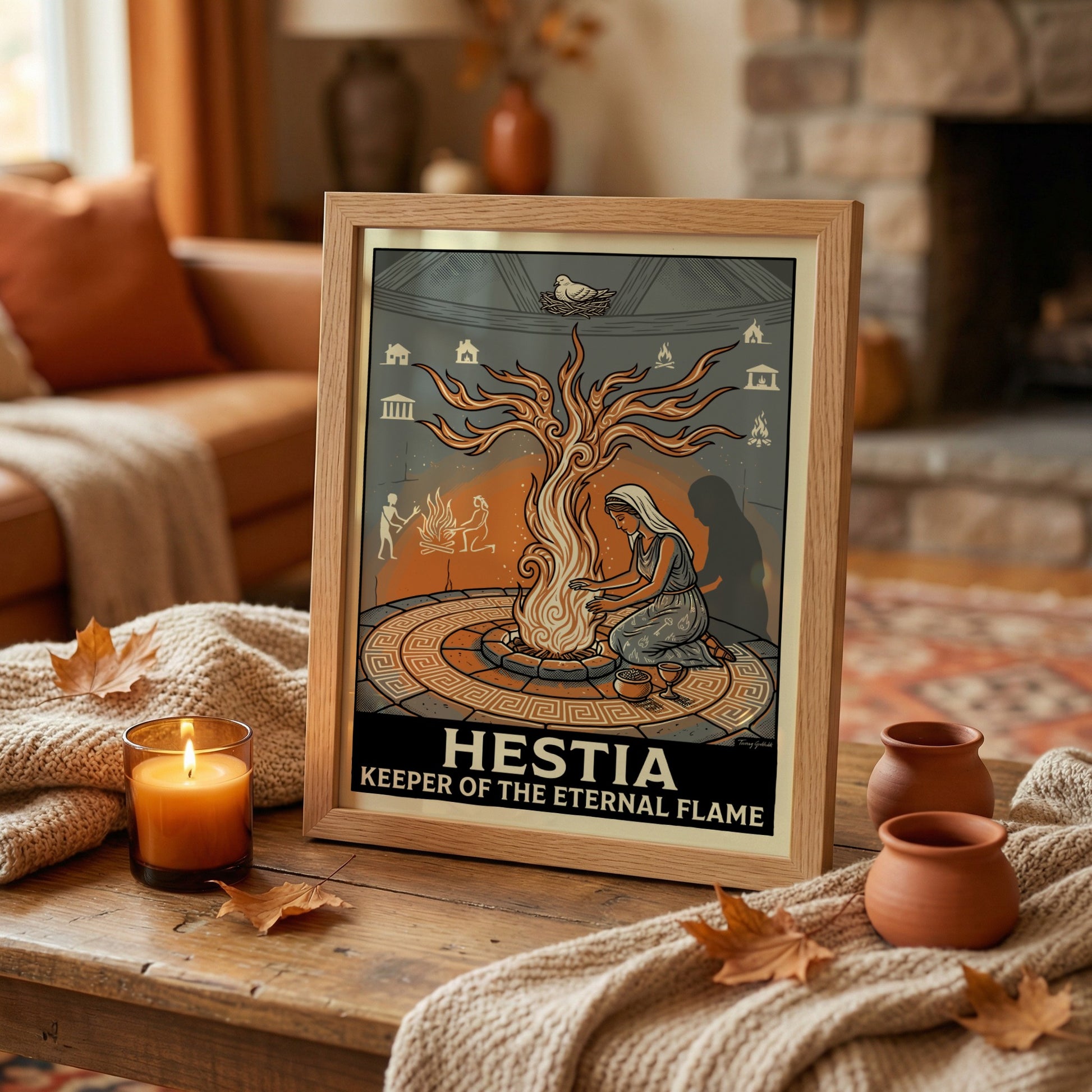 Hestia Greek mythology poster featuring the goddess tending to an eternal flame with symbolic elements of