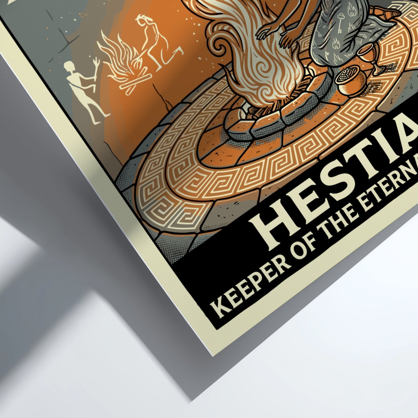 Hestia Greek mythology poster featuring the goddess tending to an eternal flame with symbolic elements of