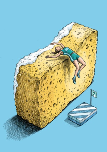 Poster showing a high jumper clearing a giant yellow sponge against blue background