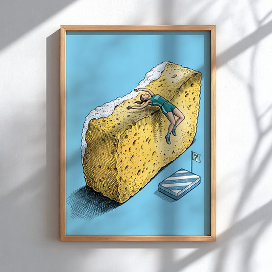 Poster showing a high jumper clearing a giant yellow sponge against blue background
