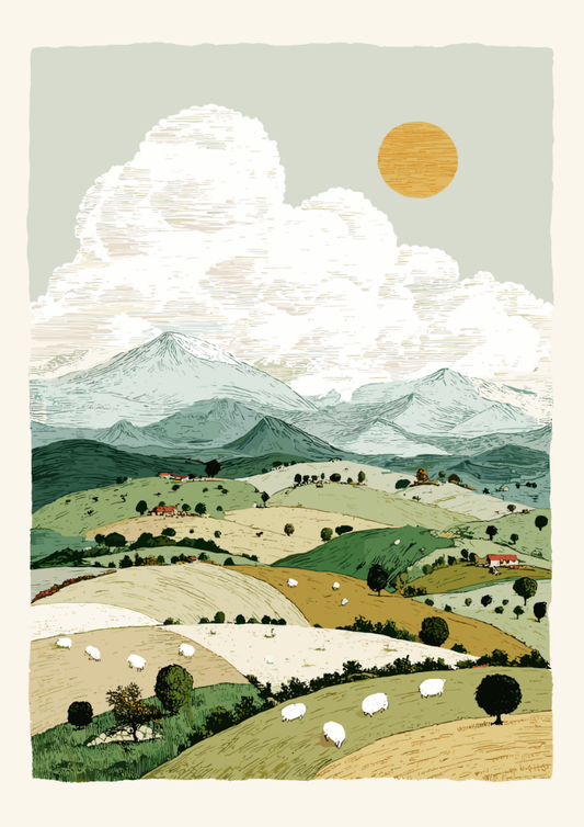 Illustration of a mountainous landscape with rolling hills, sheep, and a sun in the sky.