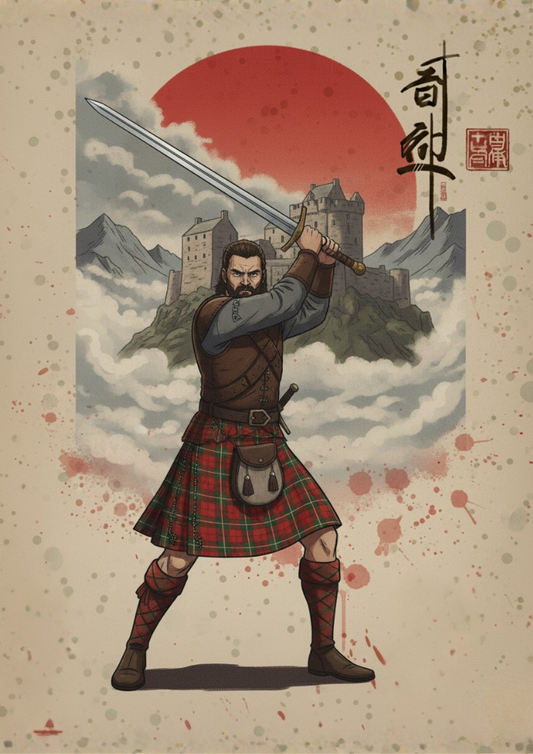 Illustration of a warrior in a kilt holding a sword against a castle and red sun background.