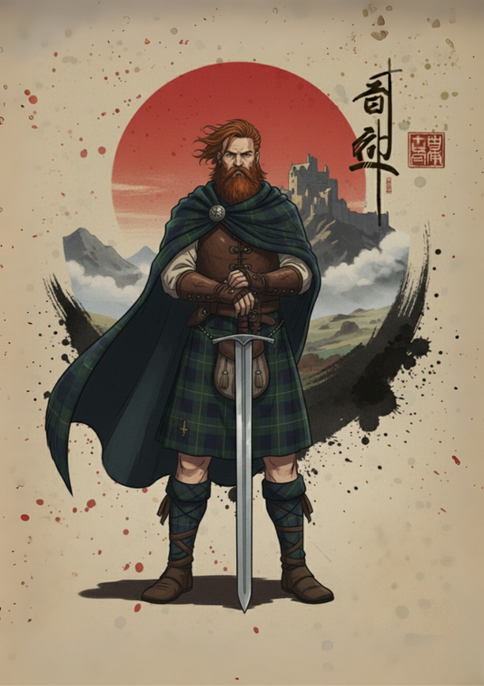 Illustration of a warrior in Scottish attire with a sword, set against a scenic background.