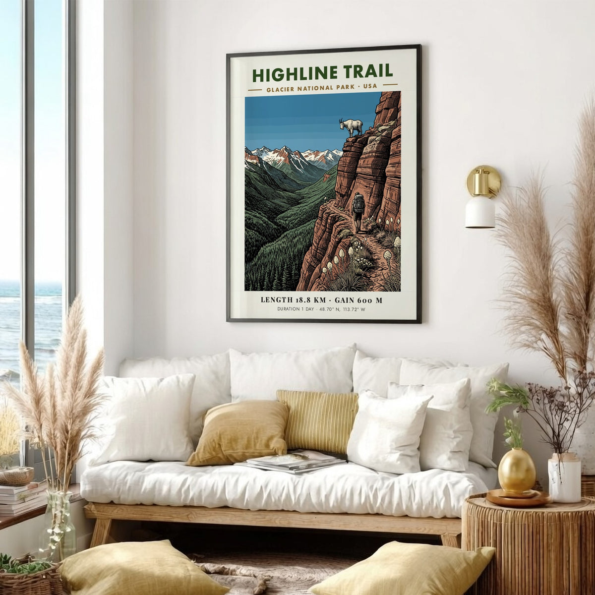 Hiking poster featuring a lone backpacker on the Highline Trail in Glacier National Park