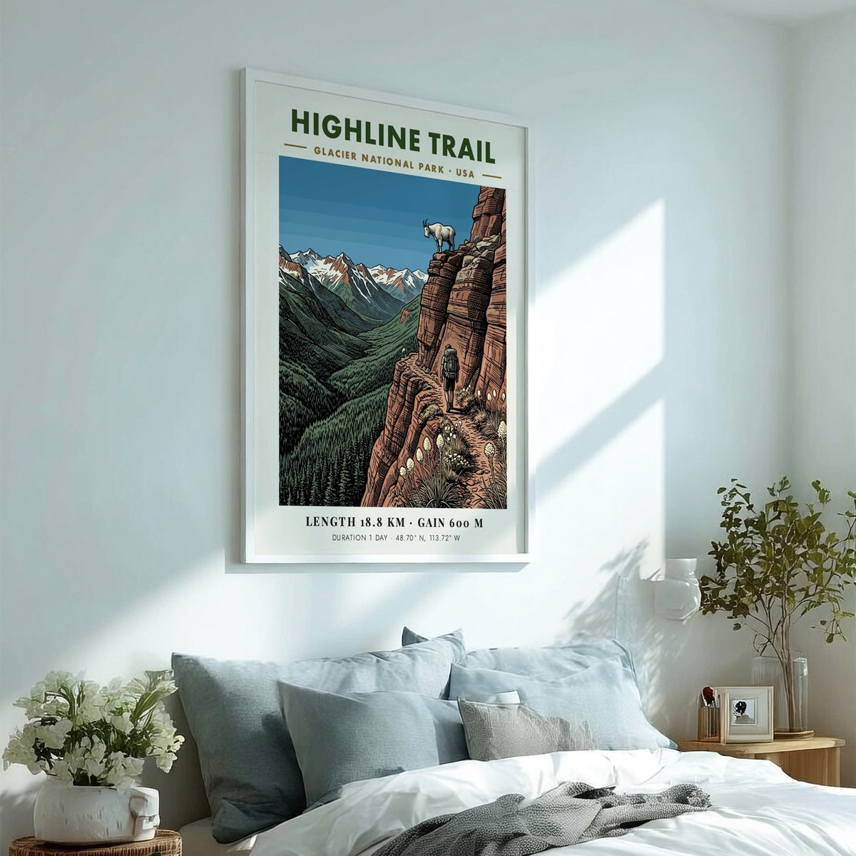 Hiking poster featuring a lone backpacker on the Highline Trail in Glacier National Park