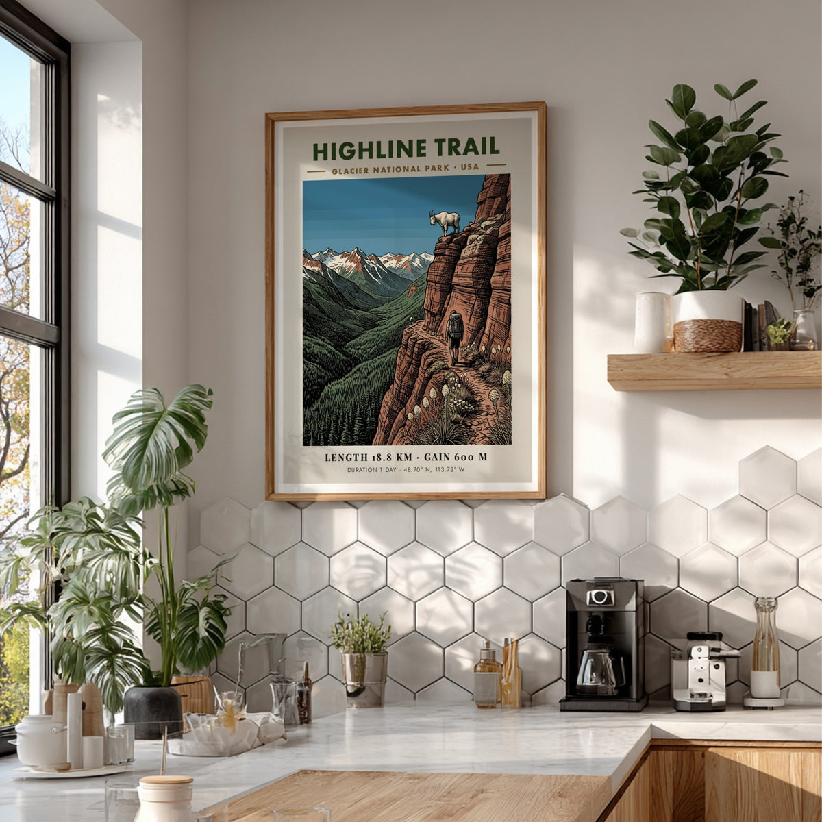 Hiking poster featuring a lone backpacker on the Highline Trail in Glacier National Park
