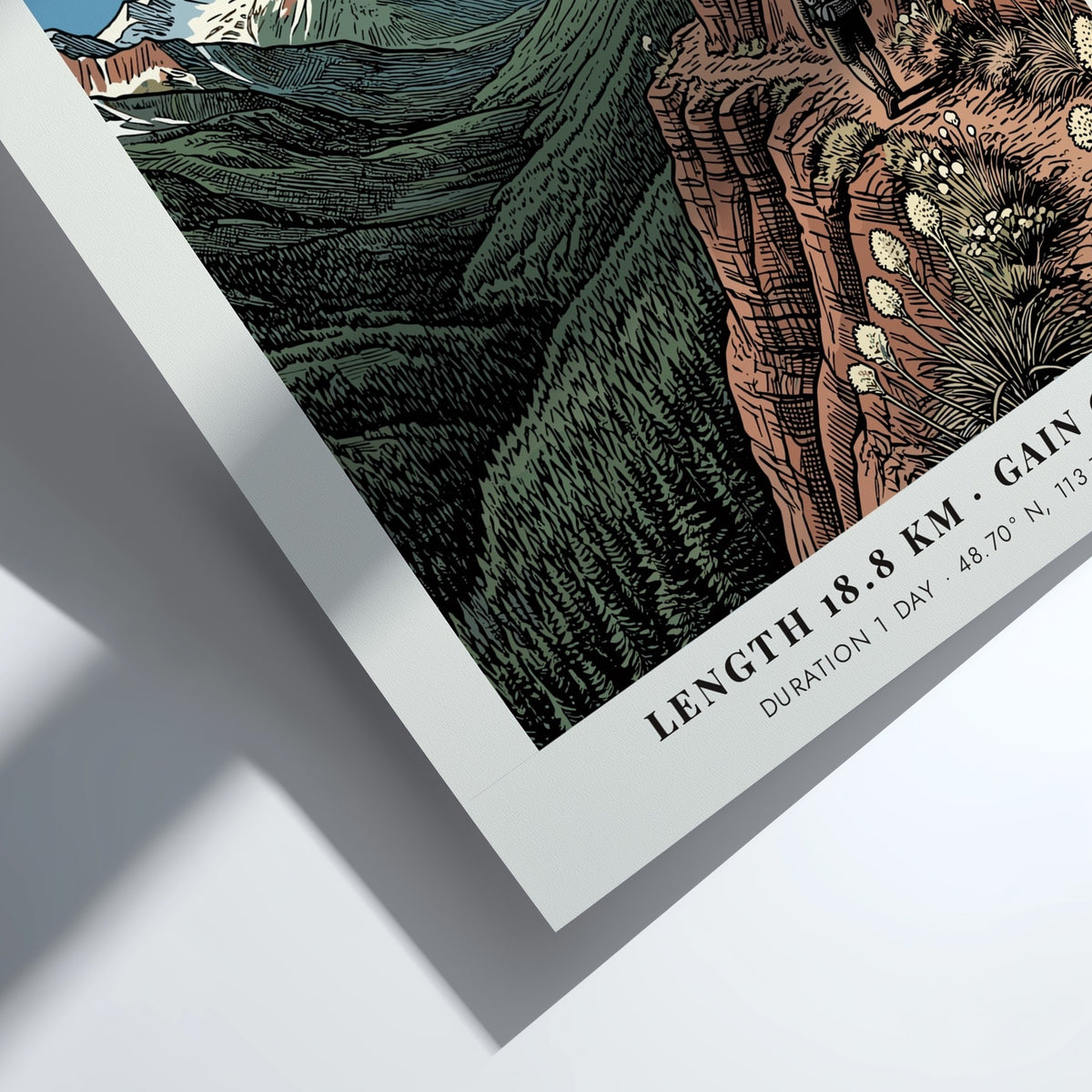 Hiking poster featuring a lone backpacker on the Highline Trail in Glacier National Park