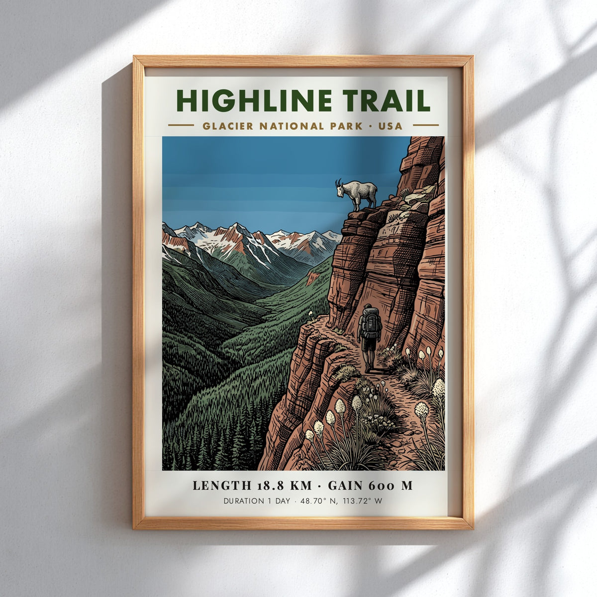 Hiking poster featuring a lone backpacker on the Highline Trail in Glacier National Park