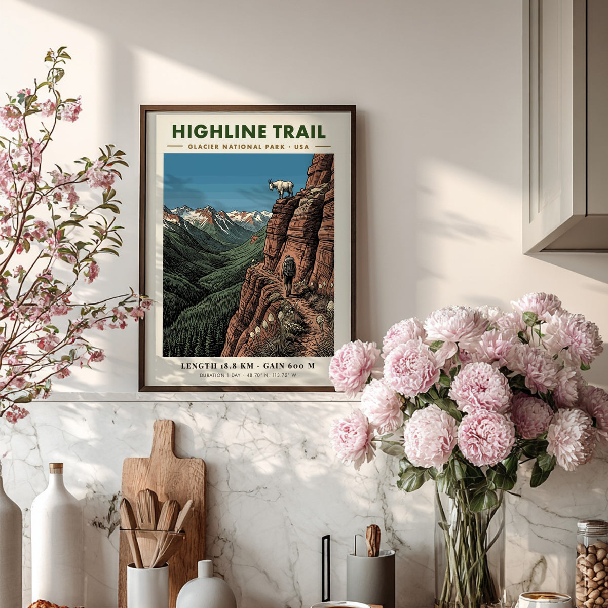 Hiking poster featuring a lone backpacker on the Highline Trail in Glacier National Park
