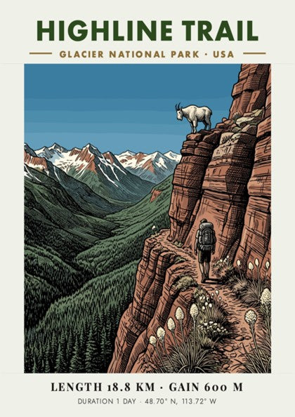 Hiking poster featuring a lone backpacker on the Highline Trail in Glacier National Park
