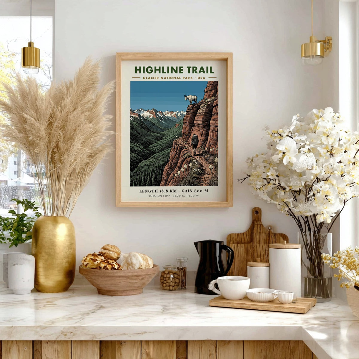 Hiking poster featuring a lone backpacker on the Highline Trail in Glacier National Park