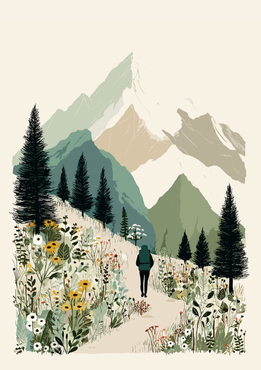 Illustration of a person walking on a path through a mountain landscape with trees and flowers.
