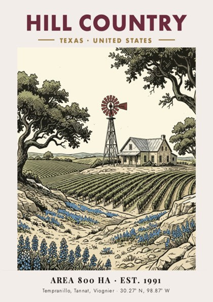 Poster featuring a Texas Hill Country vineyard with a windmill and bluebonnets illustration.