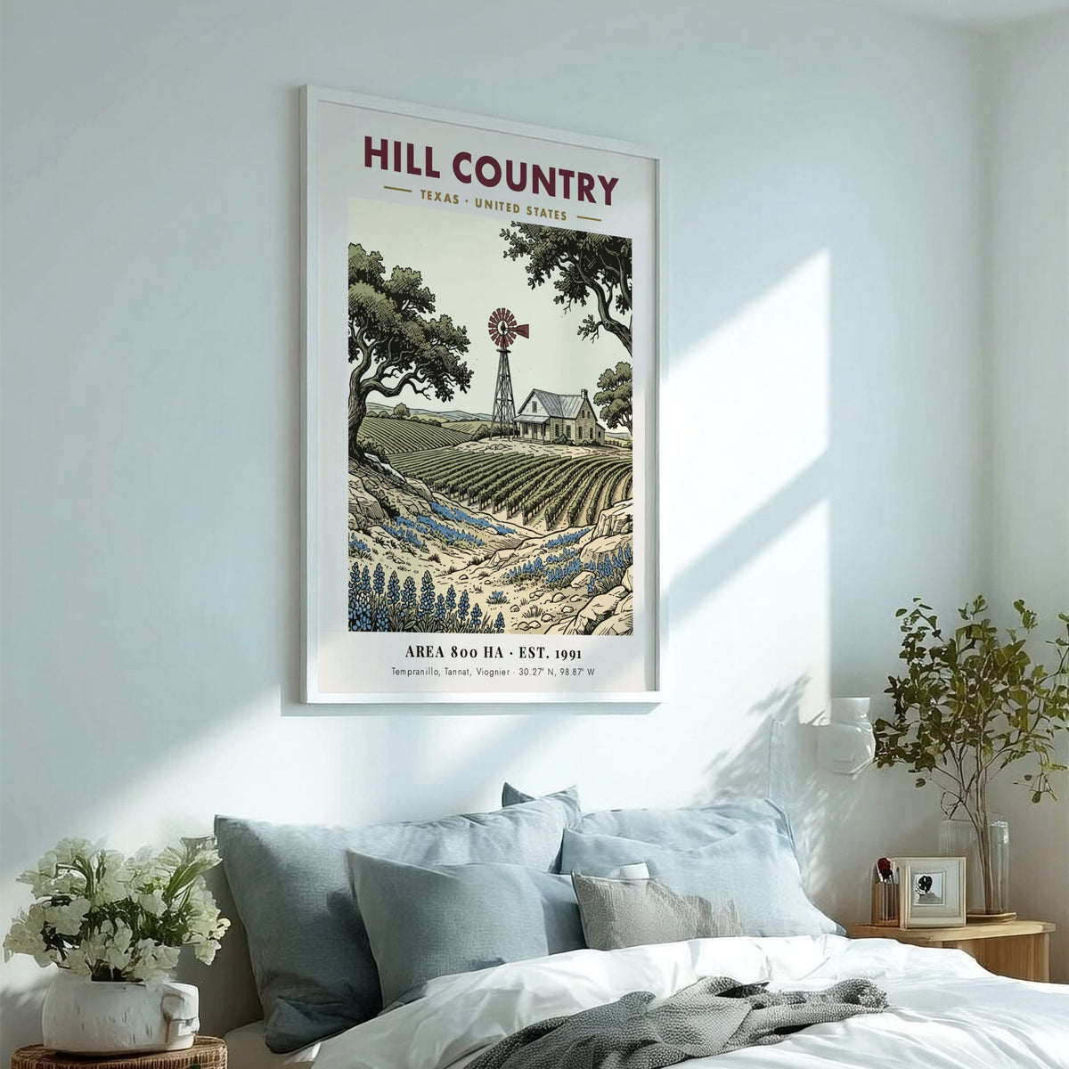 Poster featuring a Texas Hill Country vineyard with a windmill and bluebonnets illustration.