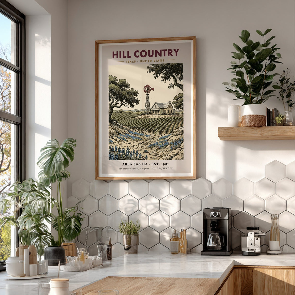 Poster featuring a Texas Hill Country vineyard with a windmill and bluebonnets illustration.