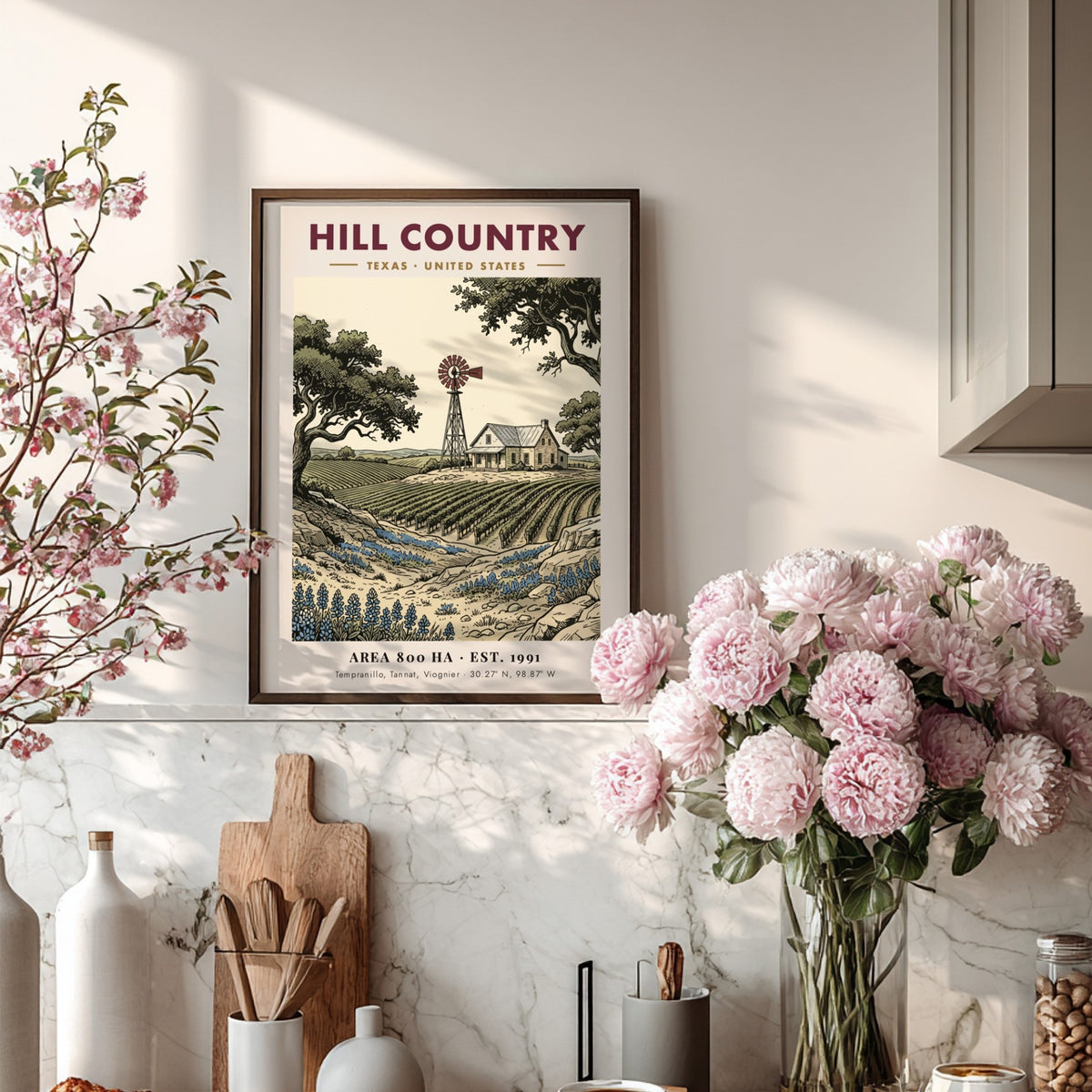 Poster featuring a Texas Hill Country vineyard with a windmill and bluebonnets illustration.