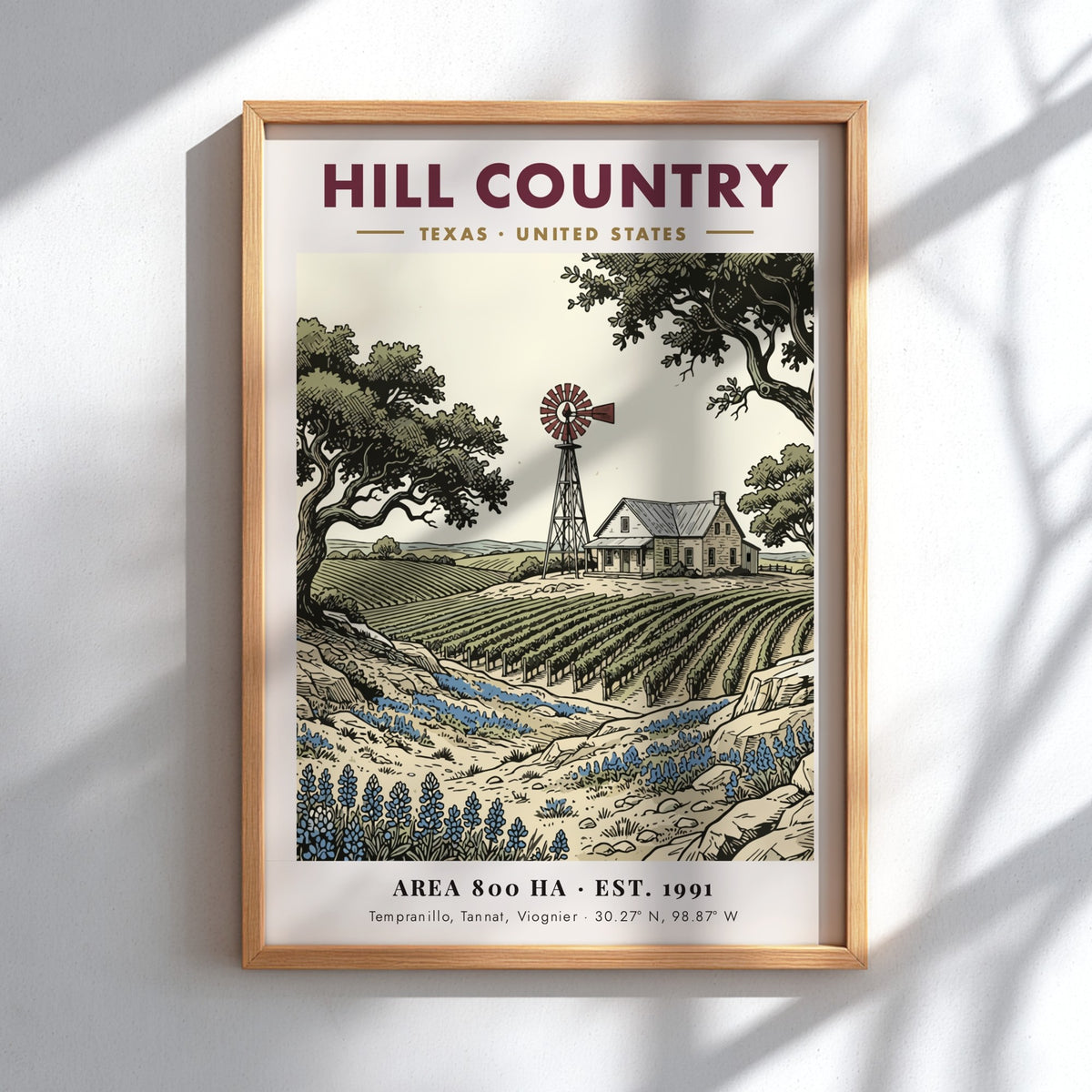 Poster featuring a Texas Hill Country vineyard with a windmill and bluebonnets illustration.