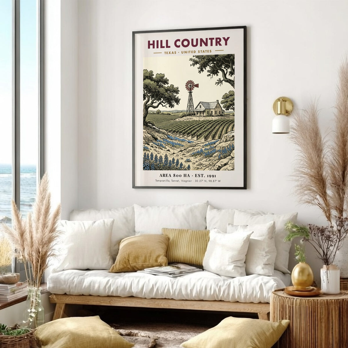 Poster featuring a Texas Hill Country vineyard with a windmill and bluebonnets illustration.