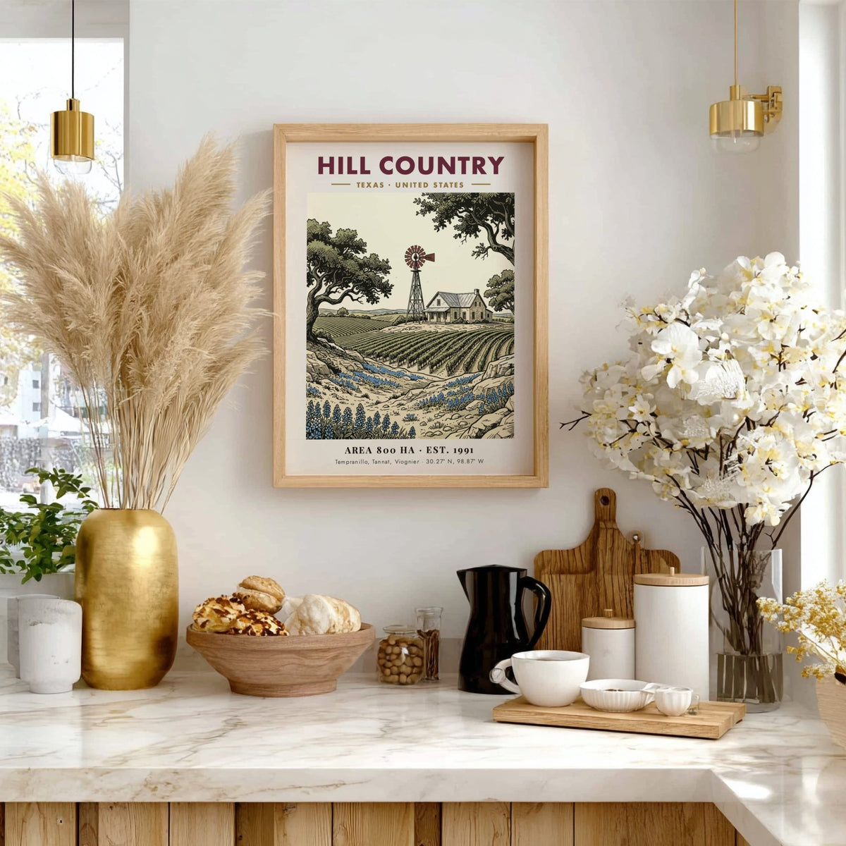 Poster featuring a Texas Hill Country vineyard with a windmill and bluebonnets illustration.