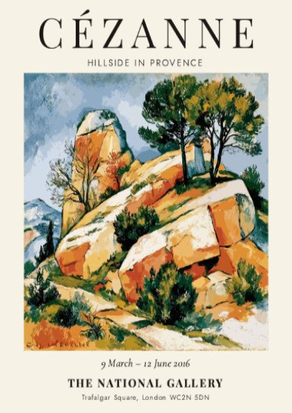 Cézanne Exhibition Poster featuring Hillside in Provence with vibrant colors and impressionist style