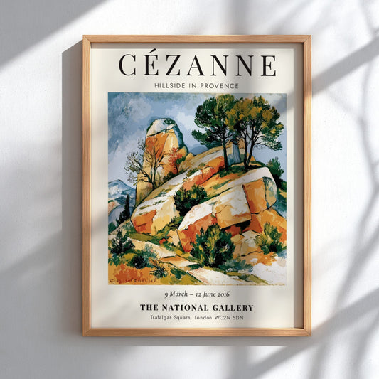 Cézanne Exhibition Poster featuring Hillside in Provence with vibrant colors and impressionist style