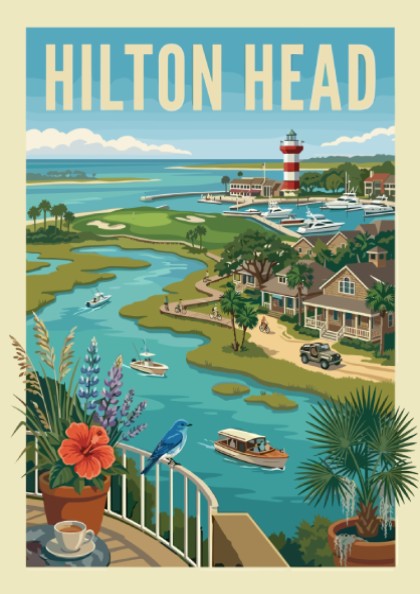 Retro travel poster of Hilton Head waterfront with lighthouse, boats, and coastal homes in a vibrant color